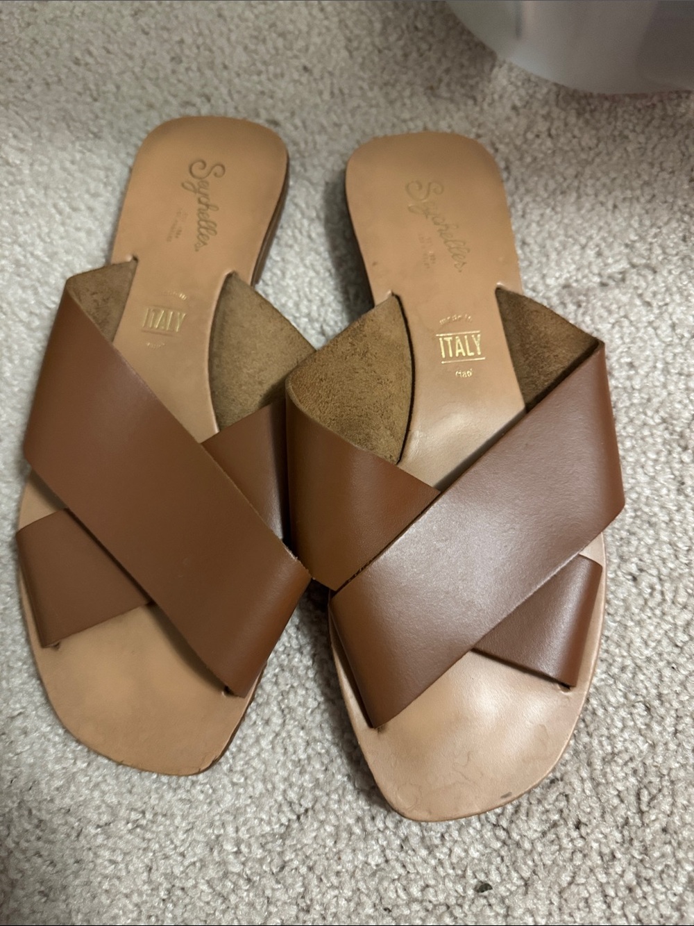 Seychelles Tan Brown Leather Crisscross Slide Sandals